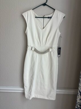 Jennifer Lopez White V-Neck Midi Sheath Dress with Chain Belt